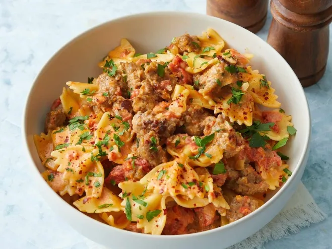 A plate of pasta topped with savory meat and rich tomato sauce, garnished for an appetizing presentation ground meat ideas