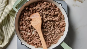 A pan filled with ground beef, accompanied by a wooden spoon resting on the side Cook with Ground Beef