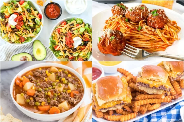 A vibrant collage featuring meatballs, spaghetti, and crispy French fries, showcasing a variety of delicious foods ground beef dinner ideas