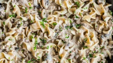 1. A delicious one pot pasta dish featuring tender mushrooms, elegantly presented and ready to serveground beef and recipes