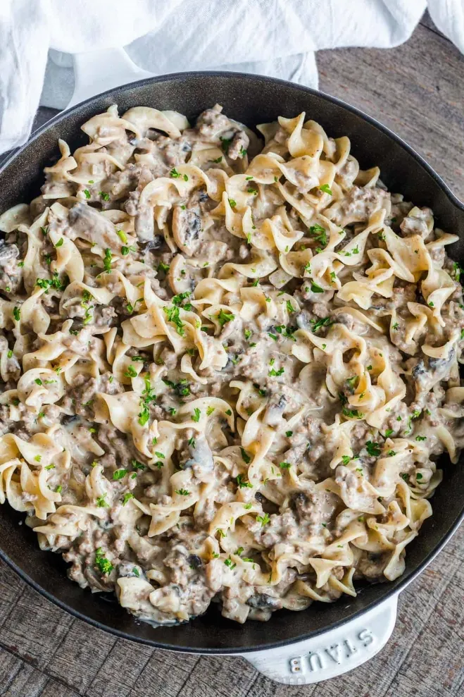 1. A delicious one pot pasta dish featuring tender mushrooms, elegantly presented and ready to serveground beef and recipes