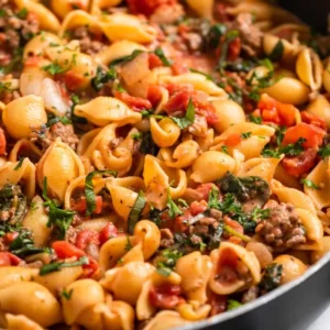 A skillet filled with delicious pasta and savory meat, ready to be served for a hearty meal with ground beef recipes