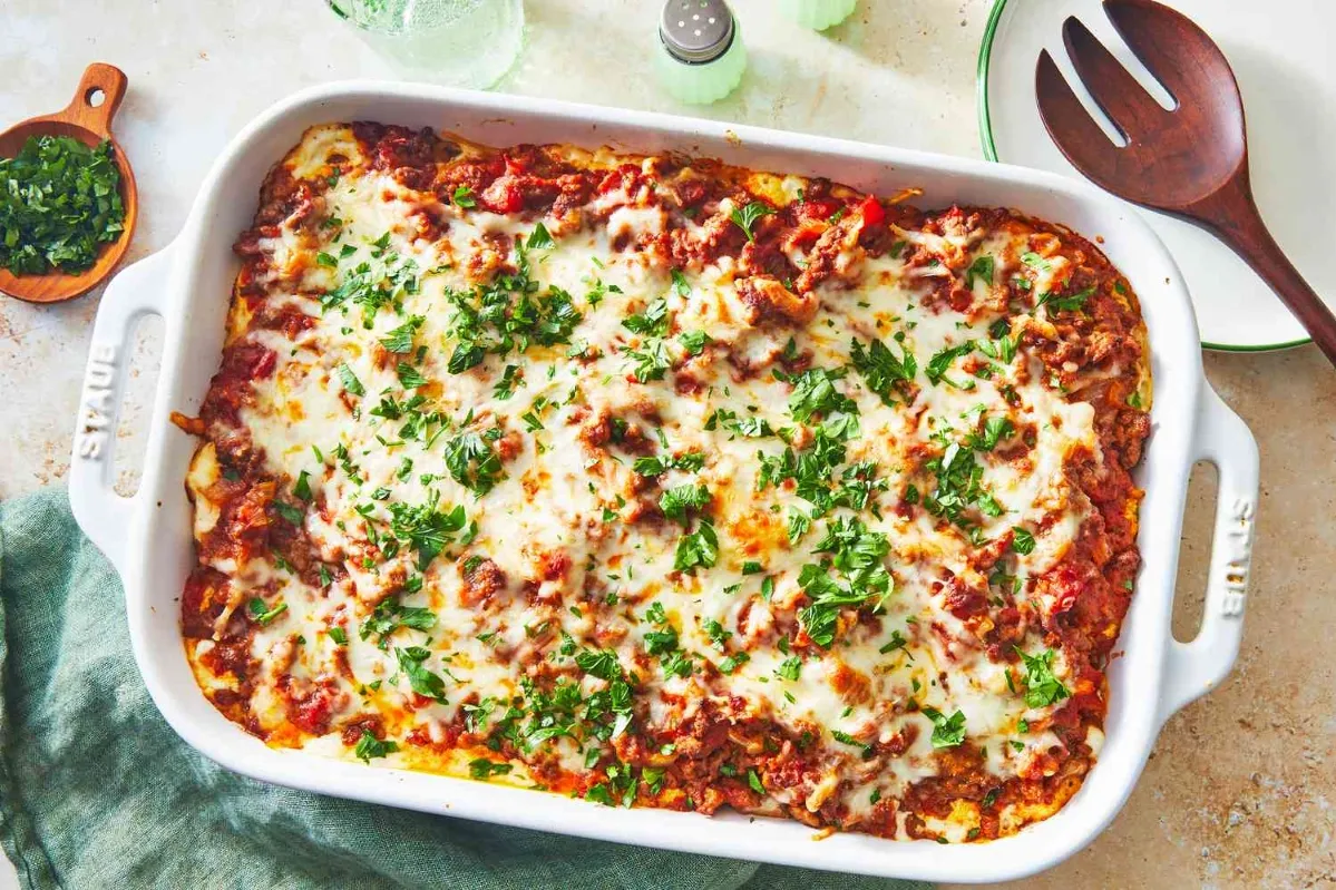 1. A delicious chicken parmesan casserole topped with melted cheese and herbs, served in a baking dishground mince recipes