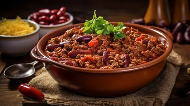 A brown bowl filled with chili con carne, showcasing a hearty mix of beans, meat, and spices dinner ideas using ground beef