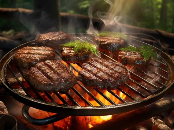 1. Grilled steaks sizzling on a barbecue grill surrounded by lush greenery in a serene forest setting: ground hamburger meat recipes