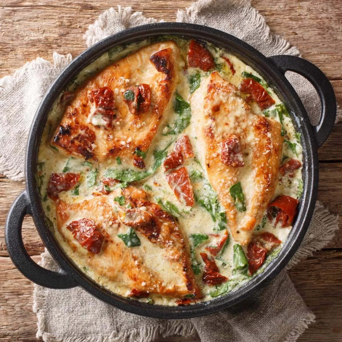 Chicken breasts sautéed in a skillet, garnished with fresh spinach and melted cheese, creating a delicious meal chop meat dinner ideas