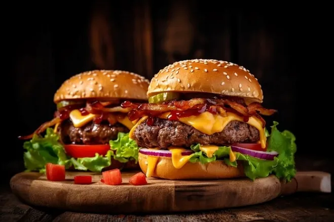 Two delicious hamburgers topped with cheese, crispy bacon, and fresh tomatoes on a wooden surface beef hamburger recipes for dinner