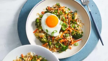 Two plates of food, each featuring a perfectly cooked egg, arranged neatly on a table ideas for healthy lunches