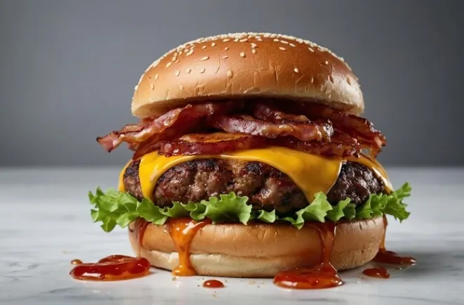 1. A delicious hamburger topped with crispy bacon and melted cheese, served on a fresh bun hamburger recipes