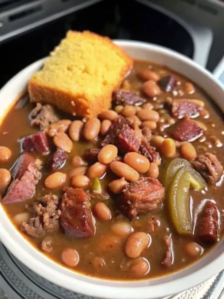 Pinto beans ham hocks cornbread and pickled onions